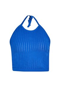 Top halter albastru, cu nervuri, cu închidere cu șnur la gât și o bandă ajustată la bază. Fabricat dintr-un material tricotat texturat.