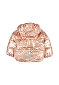 Roze-gouden pufferjack met een glanzende, metalen afwerking, voorzien van een capuchon en een decoratieve lichtgrijze konijnafbeelding op de rug.