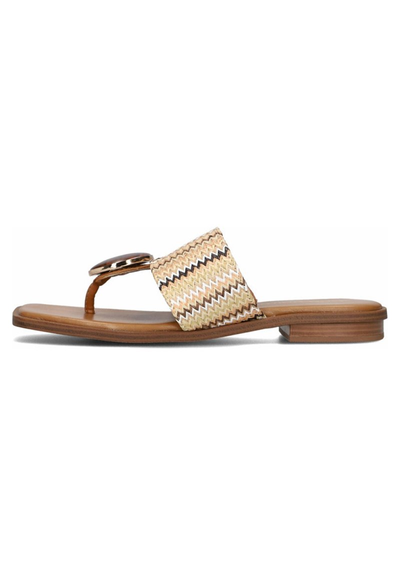 Chunky platte sandaal met een geweven stoffen band in beige en zwart zigzagpatroon, ronde bruine accent en een bruine nep-houten zool.