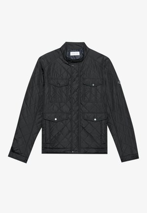 Mustmust riieumikate, millel on seisva kraega, kaks esipocketit nupuvajutustega ja tikitud tekstuur, valmistatud kergetest materjalidest.