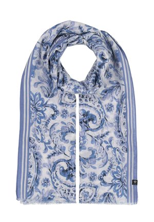 Jasnoniebiesko-biały szal z kwiatowymi i paisley wzorami, obramowany paskowanymi brzegami oraz małą czarną metką marki w jednym rogu.