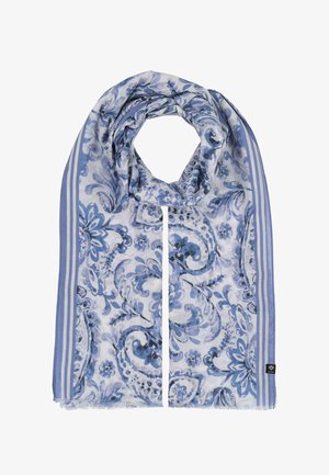 Világoskék és fehér sál virágos és paisley mintákkal, csíkos szegélyekkel keretezve, egyik sarkán kis fekete márkajelzéssel.