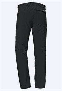 Schwarze Hose mit schmal zulaufendem Design, aus einem glatten, leichten Material gefertigt. Mit einem elastischen Bund und einer Reißverschluss-Hintertasche.