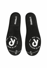 Schwarze Einlegesohlen mit strukturierter Oberfläche. Mit weißem Branding und kreisförmigen Designelementen. Leicht und mit einfachem, flachem Shape.