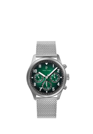 Silberne Armbanduhr mit Mesh-Armband, grünem Zifferblatt, drei Hilfszifferblättern, arabischen Zahlen und zwei Drückern auf der rechten Seite.