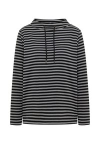 Zwart en lichtgrijs gestreepte hoodie van een textuurstof, met een halflange ritssluiting en een trekkoord met metalen punten. Lange mouwen.