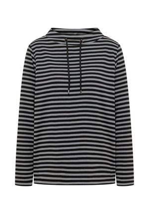 Svart och ljusgrå randig hoodie med en texturerad tyg, med en halv dragkedja vid kragen och dragsko med metallspetsar. Långa ärmar.