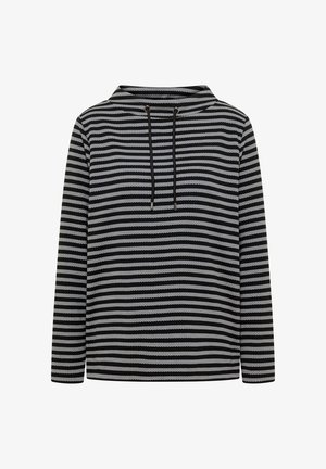 Svart och ljusgrå randig hoodie med en texturerad tyg, med en halv dragkedja vid kragen och dragsko med metallspetsar. Långa ärmar.