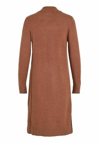 Abito cardigan in maglia marrone, maniche lunghe, polsini e orlo a coste, con colletto e spacchi laterali per una maggiore comodità.