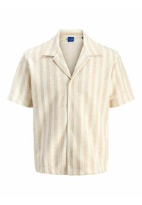 Chemise à manches courtes en beige clair avec des rayures blanches verticales, dotée d'un col à cran et d'une fermeture à boutons sur le devant. Texture douce.
