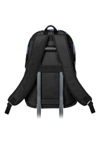 Mochila negra con correas de hombro acolchadas, que presenta un diseño impreso colorido en la parte superior, un panel trasero resistente y correas ajustables.