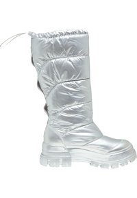 Silver puffy boot with a shiny, smooth finish. Features a high, quilted shaft and textured, chunky sole with a rounded toe. Drawstring at the top.