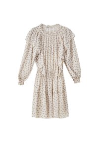 Robe à motif floral beige clair avec accents à volants, taille froncée, manches longues et encolure ronde. Tissu doux et léger.