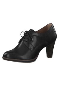 Scarpe stringate in pelle nera con punta arrotondata, tacco texturizzato e finitura liscia. Presentano cuciture discrete e un tacco in stile legno.