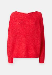 Roter Strickpullover mit weitem Ausschnitt, langen Ärmeln und lockerem Sitz. Weiche Textur und leicht durchsichtig. Keine sichtbaren Verschlüsse oder Muster.