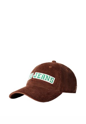 Cappellino da baseball marrone in velluto a coste con visiera curva e toppa bianca ricamata con testo verde "PEPE JEANS" davanti.