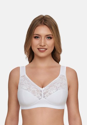 Weißer BH mit floralem Spitzeüberzug auf den Tassen, glattes Material, V-Ausschnitt-Design und dekorativem Schleifen-Detail in der Mitte vorne; verstellbare breite Träger.