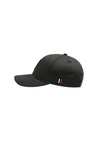 Black and olive green cap with a curved brim, featuring a solid color design and three small stripes in red, white, and blue on the side.