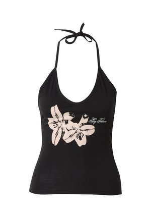 Top nero con collo all'americana, decorato con un motivo floreale rosa pallido e una piccola scritta in corsivo "By Delicious" al centro davanti.