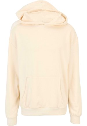 Beige Kapuzenpullover aus weichem Stoff, mit einer Kängurutasche, gerippten Bündchen und einer großen, doppellagigen Kapuze.