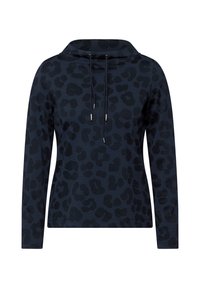 Felpa navy con stampa leopardata nera, caratterizzata da un collo alto, cordini e maniche lunghe. Realizzata in un tessuto morbido con un fit comodo.