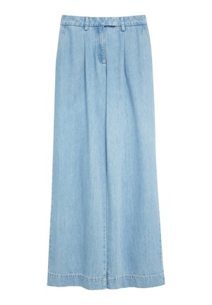 Light blue denim wide-leg pants with front pleats, side pockets, belt loops, and a hidden button and zip closure.