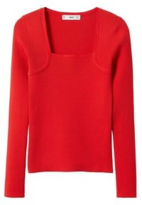 Maglietta rossa a maniche lunghe in maglina a coste con scollatura quadrata e silhouette aderente, caratterizzata da un distintivo design a strati nella zona del décolleté.