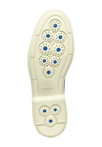 Semelle en caoutchouc blanche avec des trous de ventilation circulaires bleus et des motifs texturés. Comprend de multiples perforations pour une meilleure respirabilité.