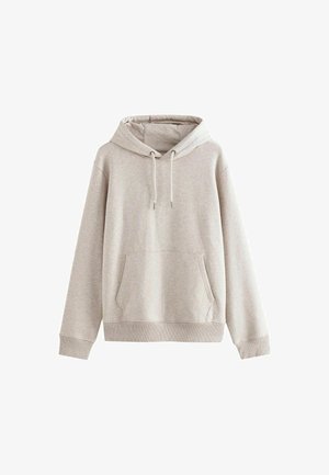 Hoodie in hellgrau, aus weichem Baumwollmix gefertigt. Verfügt über eine vordere Kängurutasche, eine Kapuze mit Zugband und gerippte Bündchen.