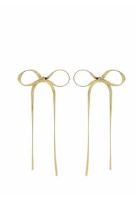 Guldband håraccessoarer i form av rosetter, med en texturerad yta och långa svansar, mot en vit bakgrund.