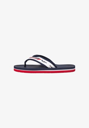 Flip-flops met een marineblauwe rubberen zool, witte en rode details, een gestructureerde voetbed en een stoffen band voor comfort en flexibiliteit.