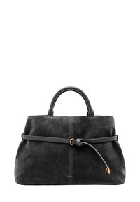 Czarna zamszowa torebka o strukturalnym designie, z górnym uchwytem, szerokim paskiem wokół korpusu oraz złotymi akcentami. 