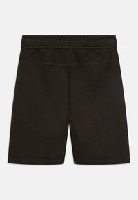 Dark green athletic shorts made of smooth, stretchy fabric. Features an elastic waistband and contrasting stitching details.