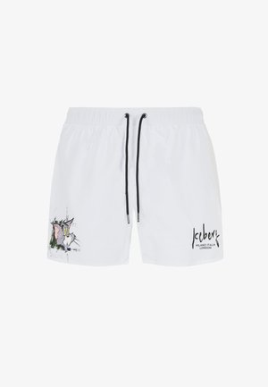 Costumi da bagno bianchi, con cintura elastica e cordino nero, caratterizzati da una grafica colorata di un personaggio dei cartoni animati a sinistra e testo del marchio in nero.