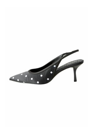 Black slingback pump with a pointed toe, white polka dots on upper material, and a thin heel. Smooth texture with a comfortable fit design.