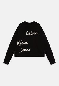Schwarzes, kurz geschnittenes Sweatshirt mit weißem Text "Calvin Klein Jeans", gerippter Rundhalsausschnitt und Bündchen. Struktur aus Strick.