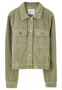 Veste en velours côtelé vert olive avec un col à revers, une fermeture à boutons sur le devant, deux poches poitrine et une texture côtelée. Des boutons argentés ajoutent une touche d'élégance au design.