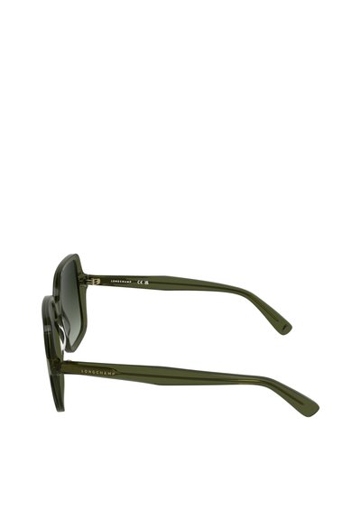 Lunettes de soleil vert olive avec une monture carrée épaisse, des verres teintés et des branches fines ornées du logo Longchamp en blanc.