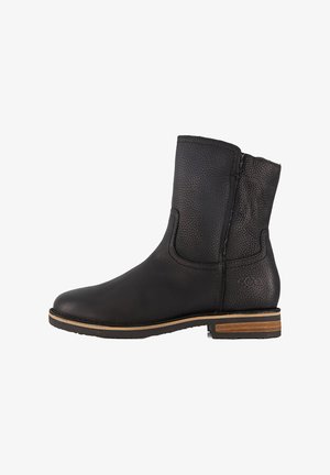 Zwarte leren enkellaarzen met een gestructureerde afwerking, elastische zijpanelen en een lage houten hak. Eenvoudig ontwerp dat geschikt is voor casual kleding.