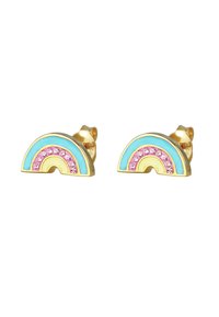 Guldtonede studearrings formet som en regnbue, med blå og pink emalje samt glitrende pink krystaller langs buen.