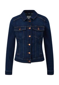 Donkerblauwe spijkerjack met een getailleerd ontwerp, voorzien van twee borstzakken, knoopsluiting aan de voorkant en contrasterende oranje stiknaden.