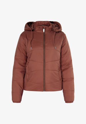 Padded jacket in rust red with a zip front, ribbed cuffs, a hood with drawstrings, and quilted design featuring horizontal stitching.
