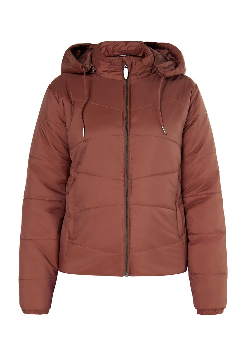 Giacca imbottita di colore rosso ruggine con zip frontale, polsini a costine, cappuccio con lacci e design trapuntato caratterizzato da cuciture orizzontali.