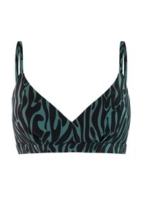 Kolmiomainen bikinitoppi, jossa musta ja sinivihreä abstrakti seepra-kuosi sekä ohuet säädettävät olkaimet.