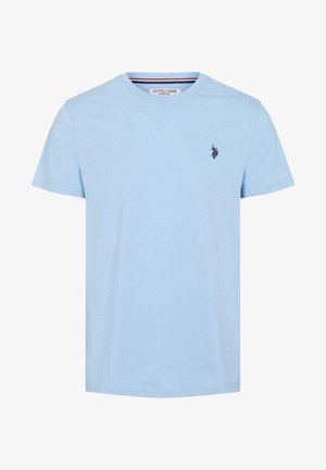 Lichtblauw T-shirt met ronde hals, korte mouwen en klein donkerblauw polo-speler logo op de linkerborst.