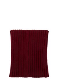 Czerwony dziergany komin o prążkowanej fakturze i cylindrycznym kształcie. Materiał wydaje się miękki i elastyczny, odpowiedni na zimne dni.