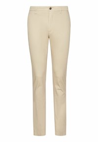 Chinos beige con finitura testurizzata, vestibilità slim, tasche frontali, chiusura con bottone e vita cucita.