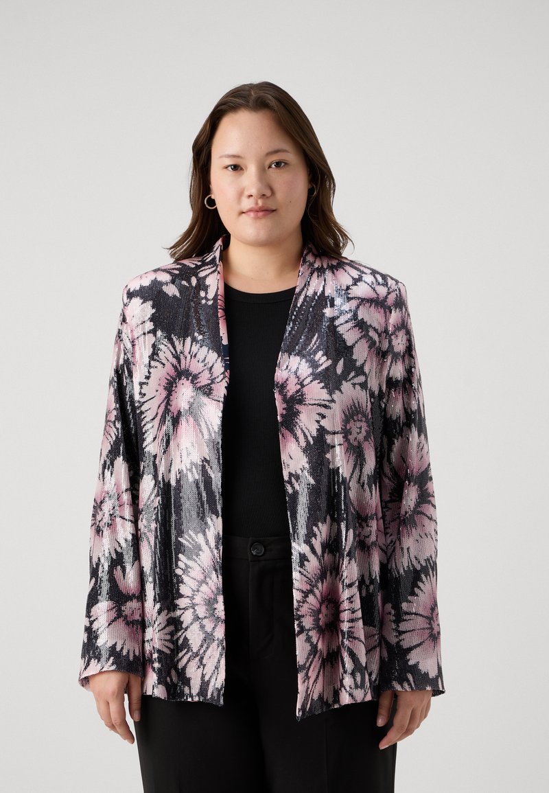Blommig paljettblazer i svart, rosa och vitt med långa ärmar och öppen frontdesign; har ett texturerat mönster och lös passform.