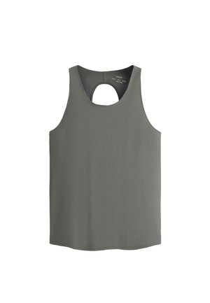 Ärmelloses graues Sporttop mit rundem Ausschnitt und kleinem Schlüsselloch-Ausschnitt am oberen Rücken.