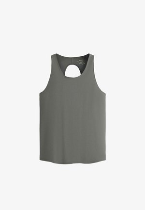 Mouwloos grijs sporttopje met een ronde hals en een klein sleutelgat aan de bovenkant van de rug.
